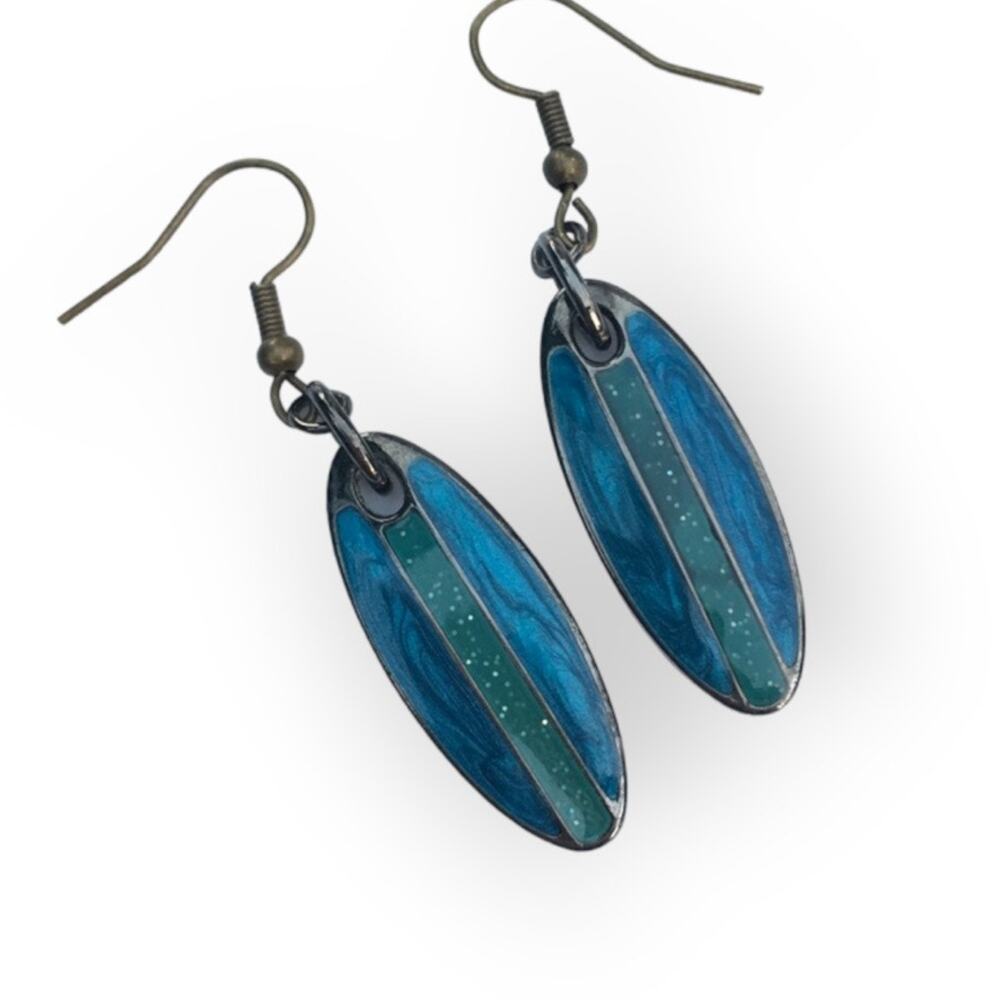 Two-tone blue and gunmetal fish hook earrings